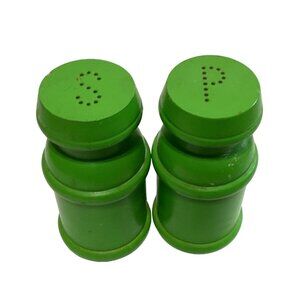 Vtg MCM Wood Milk Can Salt & Pepper Shakers Lime Green by Clover 3.5" Tall